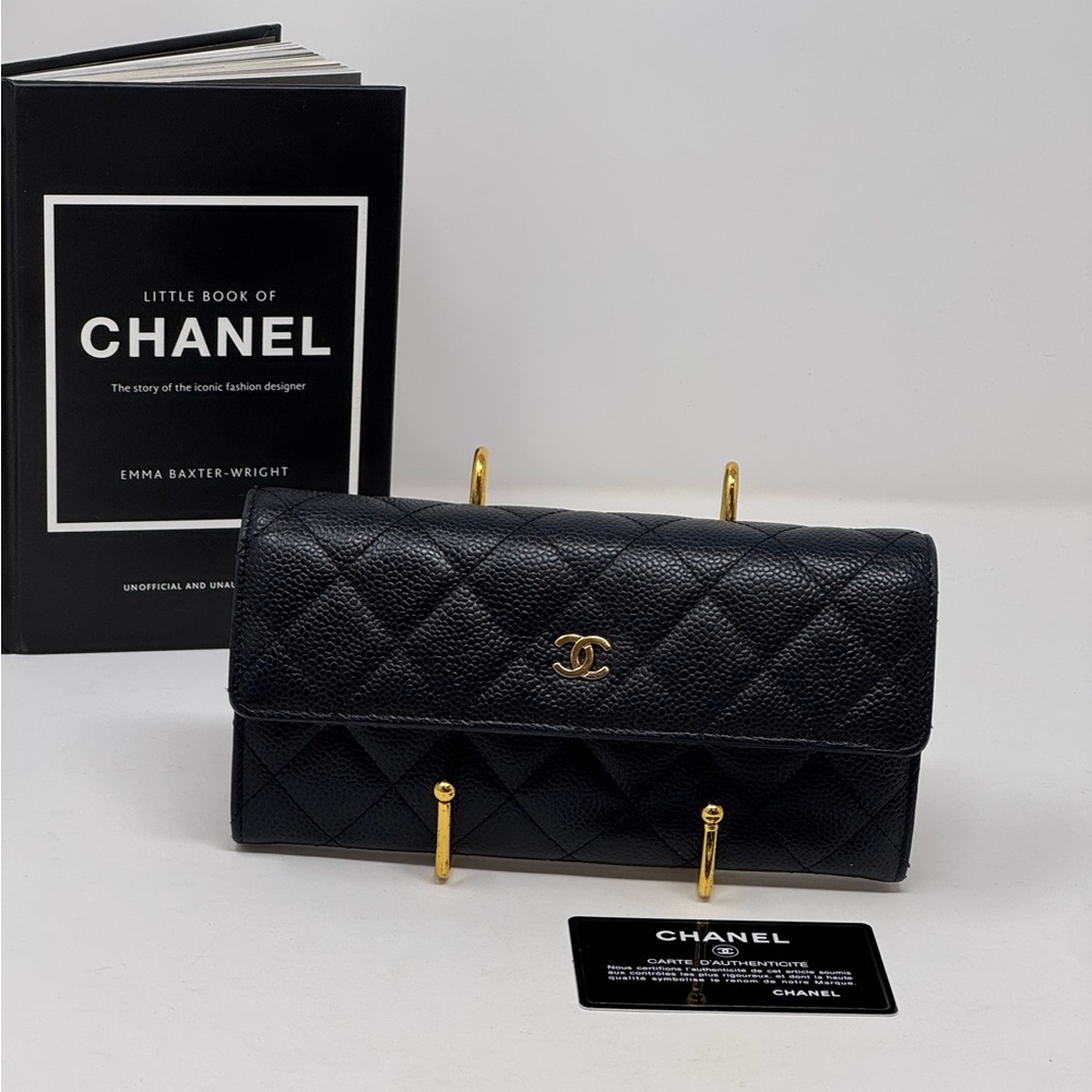 💯Authentic Chanel Black Quilted Caviar Leather Long Wallet Iconic CC Logo